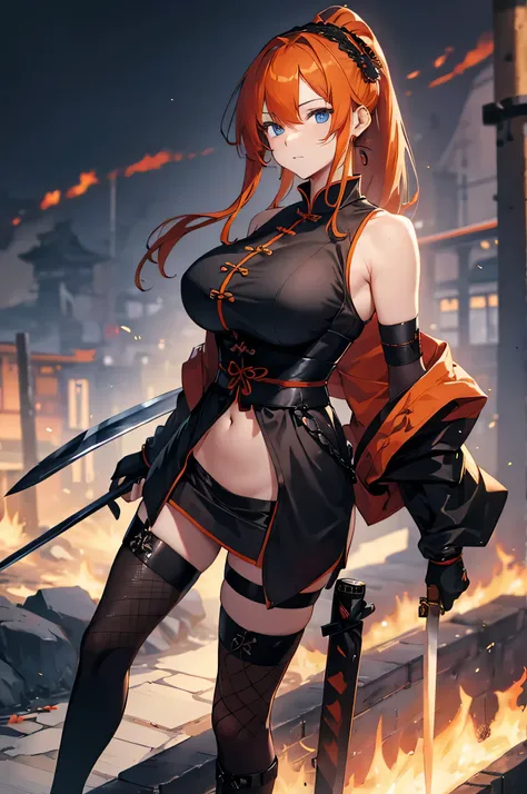 4k,High resolution,One Woman,Orange Hair,Long Ponytail,Blue Eyes,Big Breasts,samurai,Black Chinese dress,Sleeveless,Black fishnet stockings,Black gloves,Black boots,hair band,Japanese sword,Medieval town