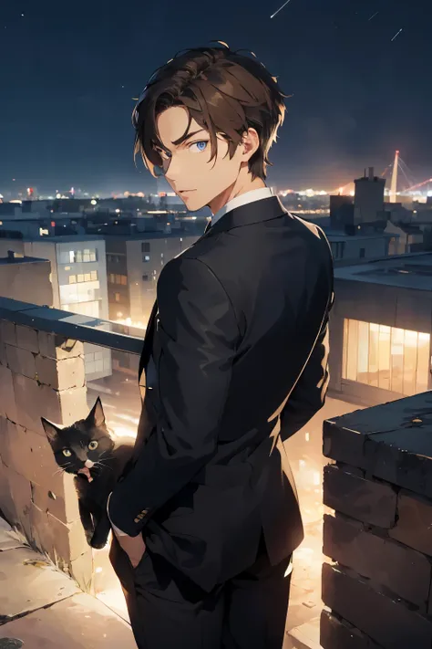 A man with brown hair, beautiful, handsome, blue eyes, wearing a plain black suit, has a cat, turns and looks back, half-body image, look back. city view at night