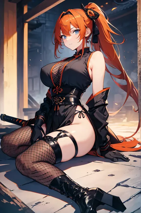 4k,High resolution,One Woman,Orange Hair,Long Ponytail,Blue Eyes,Big Breasts,samurai,Black Chinese dress,Sleeveless,Black fishnet stockings,Black gloves,Black boots,hair band,Japanese sword,Medieval town