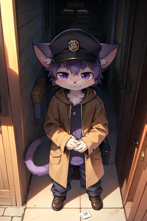 kemoshota, dark purple cat boy, whiskers, mailboy, post officer, baggy cap, baggy coat, shoulder bag which is full of letters and mails, dynamic angle, tail, animal ears