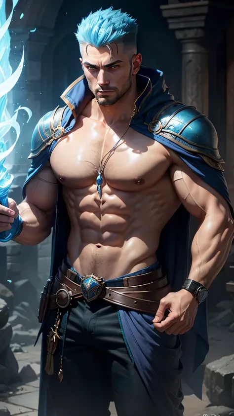 A tall, muscular, handsome hunky male wizard of ice with a blue fade haircut, chiseled masculine hunky features, thick muscular body and extremely narrow waist, clad in skintight mage robe and skintight pants, fantasy style, (best quality,8k,highres,master...