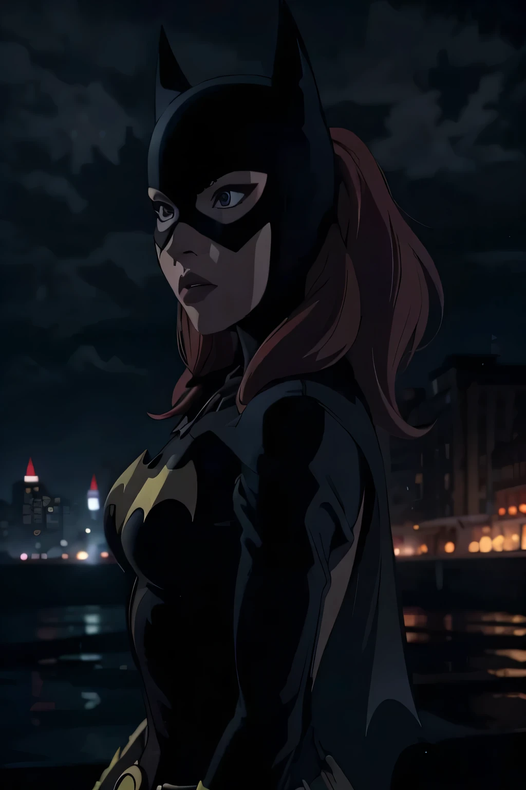 young woman, Batgirl, night, cinematic light, Red hair, black raincoat, Batgirl, masterpiece, still from the film, cinematic quality, Highest quality