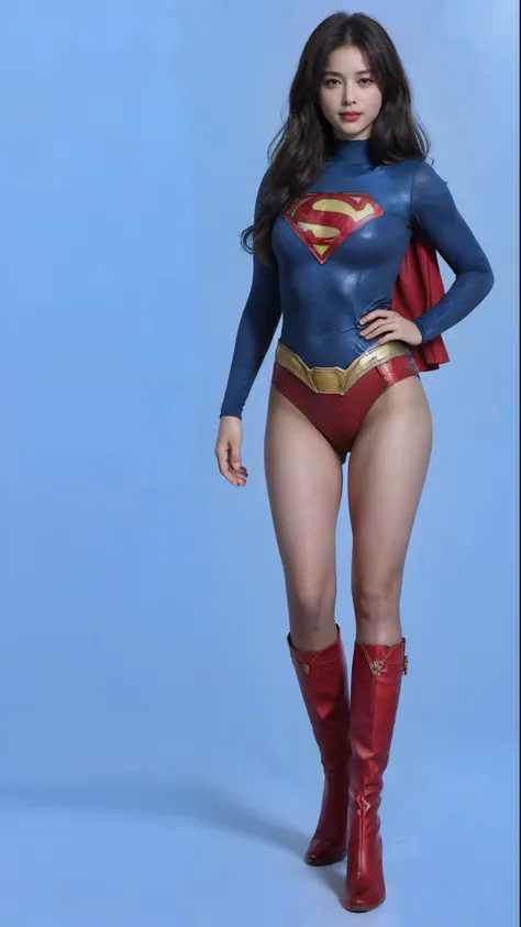 No background、(((Beautiful legs in black tights.)))、(((Legally express the beauty of your smile)))、((((Make the most of your original images)))、(((体にぴったりフィットするSupergirl Costume)))、(((Supergirl Costume)))、(((Beautiful Short Hair)))、(((She is winking cutely....