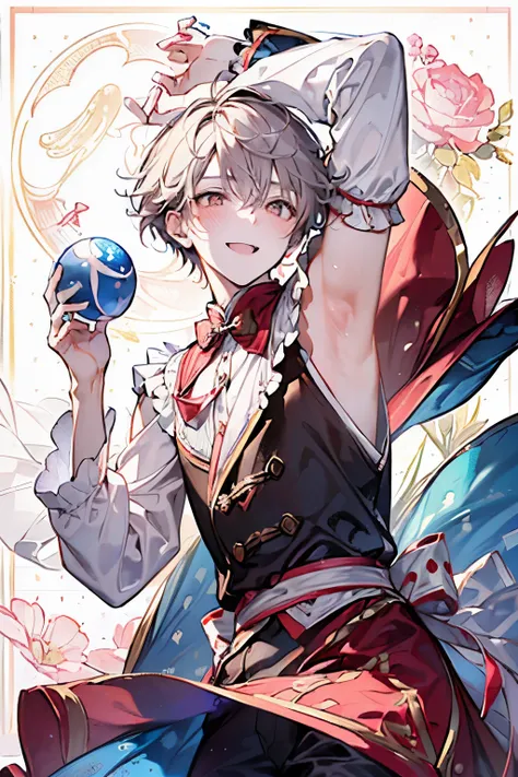 ((man around 20 years old:1.3)),((Its a Small World:1.3)),Prince style from the fairy tale world,alice in wonderland,cheshire cat,close up of face,(polka dot background:1.2),red、white、pink、yellow,(look up:1.15),(blush、Full of energy),((arm up:1.35)),((Top ...