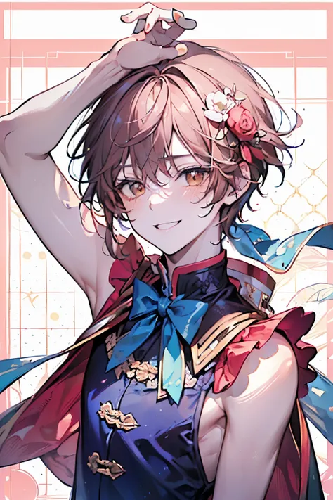 ((man around 20 years old:1.3)),((Its a Small World:1.3)),Prince style from the fairy tale world,alice in wonderland,cheshire cat,close up of face,(polka dot background:1.2),red、white、pink、yellow,(look up:1.15),(blush、Full of energy),((arm up:1.35)),((Top ...