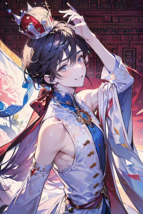 ((man around 20 years old:1.3)),((Its a Small World:1.3)),Prince style from the fairy tale world,alice in wonderland,cheshire cat,close up of face,(polka dot background:1.2),red、white、pink、yellow,(look up:1.15),(blush、Full of energy),((arm up:1.35)),((Top ...