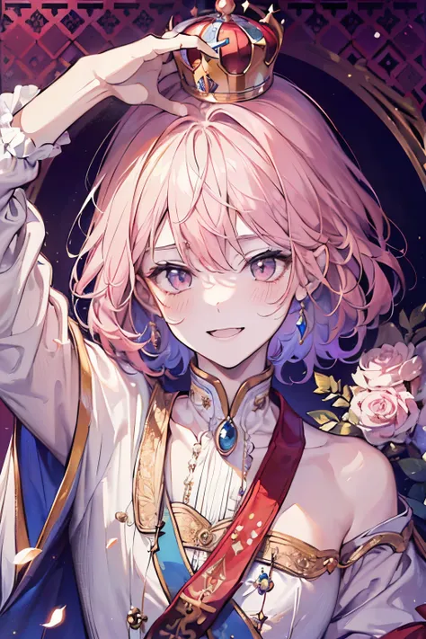 ((man around 20 years old:1.3)),((Its a Small World:1.3)),Prince style from the fairy tale world,alice in wonderland,cheshire cat,close up of face,(polka dot background:1.2),red、white、pink、yellow,(look up:1.15),(blush、Full of energy),((arm up:1.35)),((Top ...