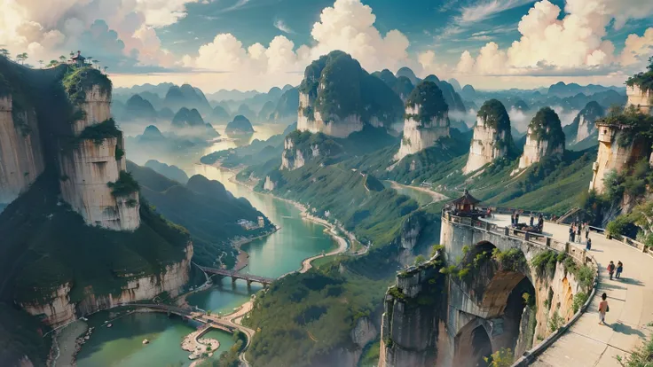 A beautiful detailed landscape of the Guilin mountains, featuring the iconic karst formations, winding rivers, and serene blue skies with fluffy clouds, capturing the essence of Chinese landscape painting, no cars, breathtaking scenery