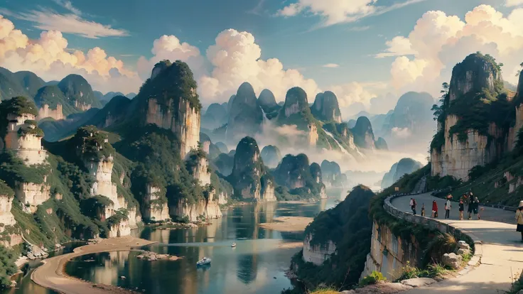 A beautiful detailed landscape of the Guilin mountains, featuring the iconic karst formations, winding rivers, and serene blue skies with fluffy clouds, capturing the essence of Chinese landscape painting, no cars, breathtaking scenery