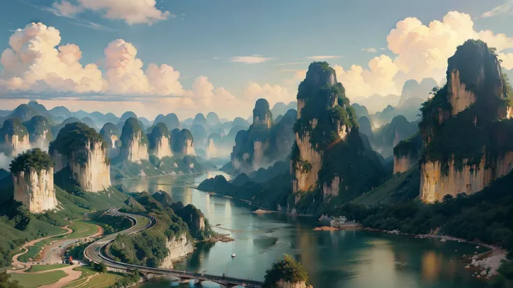 A beautiful detailed landscape of the Guilin mountains, featuring the iconic karst formations, winding rivers, and serene blue skies with fluffy clouds, capturing the essence of Chinese landscape painting, no cars, breathtaking scenery