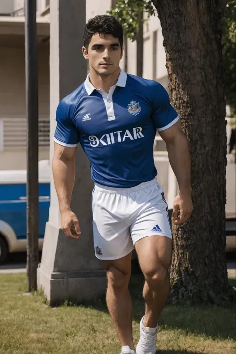 Taylor Zakhar Perez, short black hair, (sexy smirk:0.8), (brown eyes:0.8), rugby uniform, blue rugby jersey shirt, white rugby shorts, catching rugby ball, (((clothed))), rugby oval, grassy field, ultra detailed, best quality, (full body photo:1.3), dynami...