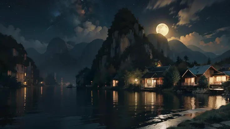 亚洲房屋的Night view, Vietnam, Vietnam, Ha Giang Province, moon, lake in foreground, A quiet night, green and blue, Digital Illustration, 4k highly detailed digital art, Night view, Anime Art Wallpaper 4K, Anime Art Wallpaper 4K, 4K Fine Digital Art, Night natu...