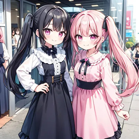 Twin tails、pink、black、smile、Long skirt、friend、2 people