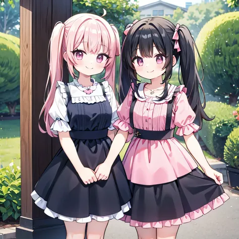 Twin tails、pink、black、smile、Long skirt、friend、2 people