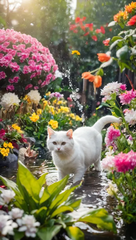 some adorable cats are playing water in the garden with amount flowers and trees in winter season