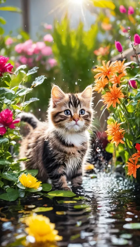 some adorable cats are playing water in the garden with amount flowers and trees in winter season