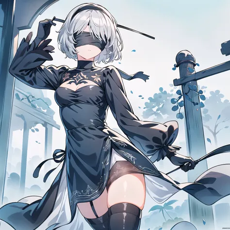 2b, 2b, (black blindfolded:1.5), black headband, blindfolded, headband, short hair, white hair, (blindfold:1.7),
rest black skir...