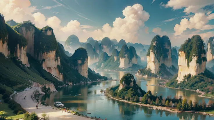 A beautiful detailed landscape of the Guilin mountains, featuring the iconic karst formations, winding rivers, and serene blue skies with fluffy clouds, capturing the essence of Chinese landscape painting, no cars, breathtaking scenery