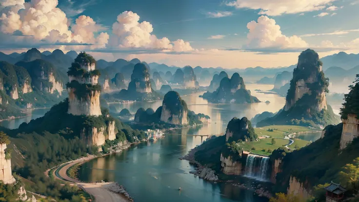 A beautiful detailed landscape of the Guilin mountains, featuring the iconic karst formations, winding rivers, and serene blue skies with fluffy clouds, capturing the essence of Chinese landscape painting, no cars, breathtaking scenery
