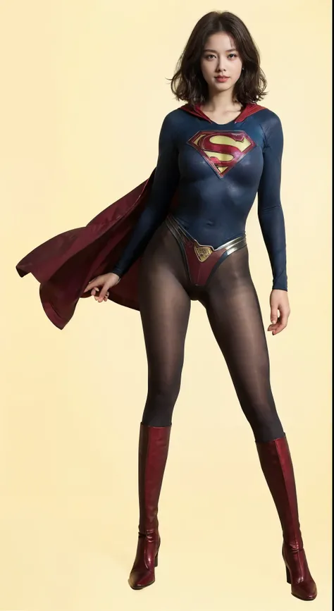 No background、(((Beautiful legs in black tights.)))、(((Legally express the beauty of your smile)))、((((Make the most of your original images)))、(((体にぴったりフィットするSupergirl Costume)))、(((Supergirl Costume)))、(((Beautiful Short Hair)))、(((She is winking cutely....