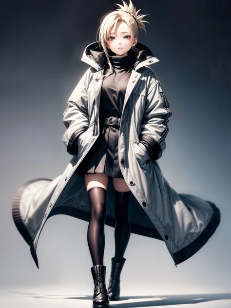 (score_9, score_8_up, score_7_up)、One girl、Temari Tsukimura、Grey open coat、watch、Black boots、Hands in pockets、Simple Background、