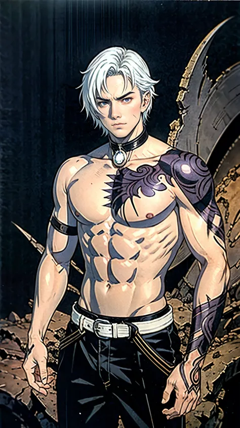 A young man with short gray hair, completely white skin, pale skin, resolute eyes, handsome face, serious expression, a metal collar around his neck, his upper body is bare, a slender yet muscular build, a purple demon tattoo is on his left shoulder, a bla...