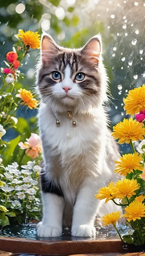 some adorable cats are playing water in the garden with amount flowers and trees in winter season