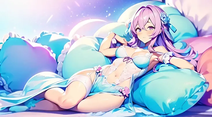 (fluffy pastel,High resolution,High resolution,Highest quality:1.2),Translucent Texture,Glowing gradient particles,Glamorous background,Cute Costumes,Sparkling,pretty girl,cushion,Body pillow,