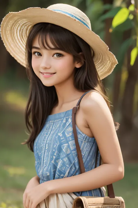 A four-color illustration with light and dark effects,
printed using an old printing method on textured traditional paper,
a beautiful and cute girl from an ancient civilization.
Beautiful and cute girl, smiling face, simple summer clothes, earth color clo...