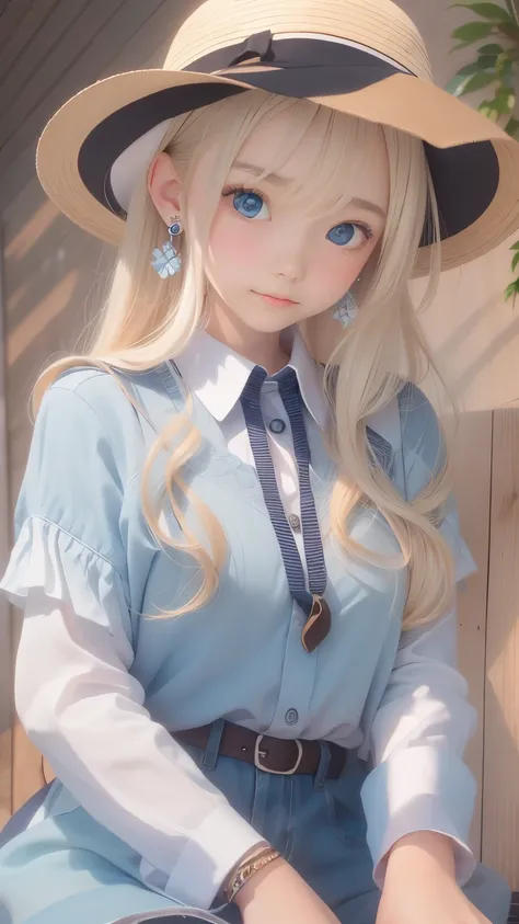 Portrait of a blonde girl in a white hat and a blue shirt , earrings, necklace 