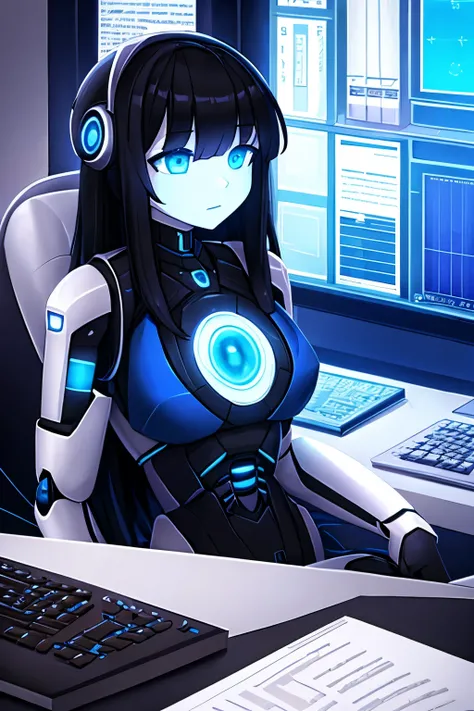 beautiful female robot character with long, flowing black hair, glowing blue eyes, hypnotized, empty eyes, plugged into computer