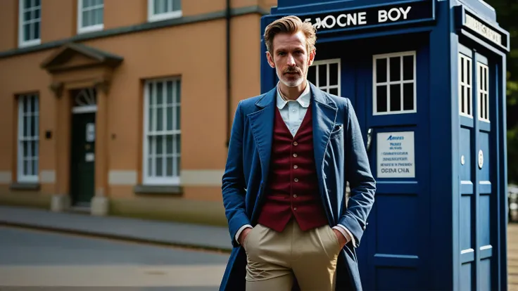 full body photo of a handsome English man, perto de uma TARDIS, (cru, analog, Nikon Z 85mm, fotografia premiada, ((melhor qualidade)), ((Obra de arte)), ((realista)), raios de luz radiante, high resolution, detailed facial features, Alto detalhe, sharp foc...