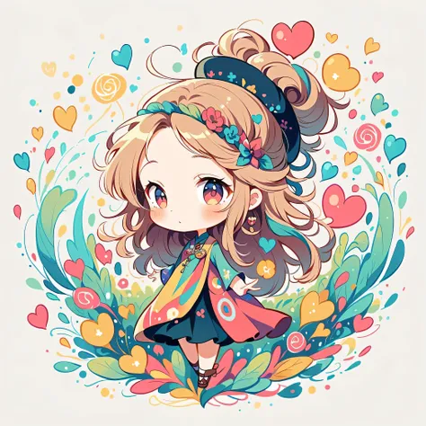 Seizo Watase style, Simple Line Initialism，Abstract art，Urban Background, colorful hearts ,(((The most beautiful girl of all time))), (((chibi))), 