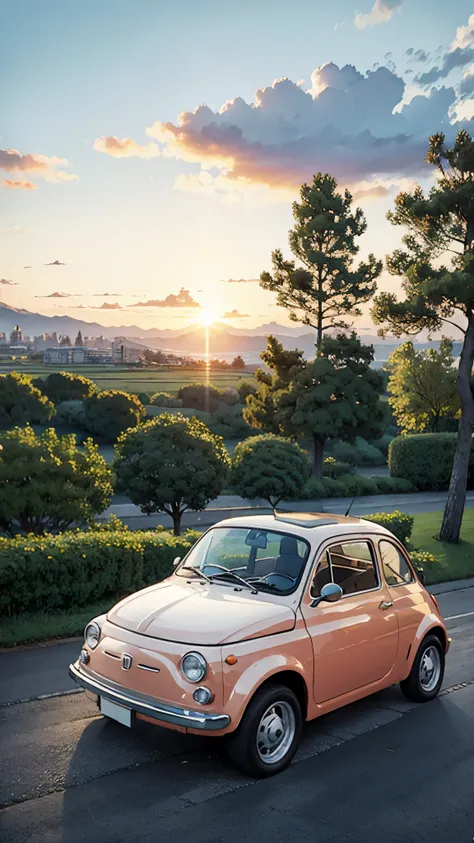 (masterpiece:1.2, Highest quality),(Very detailed),(((Anime Style))),8k,wallpaper,Fiat 500,Running Sunset,blue sky,(((Ghibli style)))