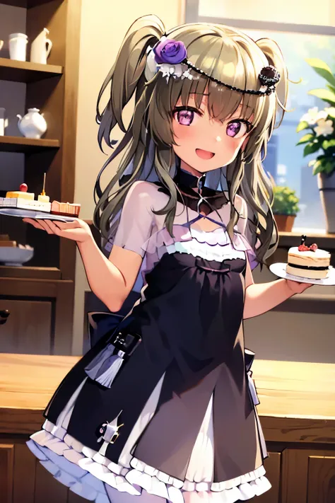 Himari Mei, masterpiece, loli, flat chest, cute and shy smile, highly detailed sparkling brilliant purple eyes, open mouth slightly, standing in deluxe cake shop, Look back and see this, Holding a plate of cake in his hand
