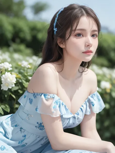 A girl wearing a refreshing sky blue floral summer dress, Ultra high definition, Perfect description, An off-the-shoulder summer dress that shows off beautiful white skin, Realistic, 8K Photorealistic:1.5, Soft lighting, detailed, Real Full HD, 16k raw pho...