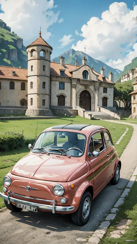 (masterpiece:1.2, highest quality),(very detailed),(((anime style))),8k,wallpaper,fiat 500,run,castle of cagliostro,blue sky,(((...