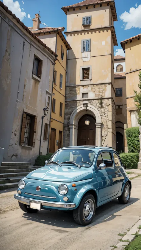 (masterpiece:1.2, highest quality),(very detailed),(((anime style))),8k,wallpaper,fiat 500,run,castle of cagliostro,blue sky,(((...