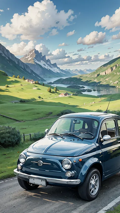 (masterpiece:1.2, highest quality),(very detailed),(((anime style))),8k,wallpaper,ultra-fine painting,fiat 500,run,mountainous a...