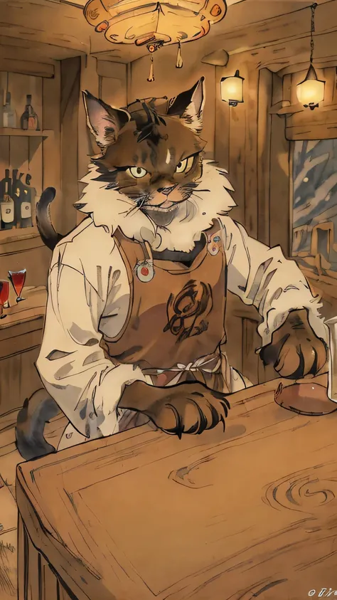 (best quality, 4k, 8k, masterpiece:1.2),ultra-detailed, high resolution, masterpiece, brown male cat on counter seat, bar interior, anime style, chill atmosphere, detailed fur, expressive eyes, natural setting, tail, whiskers, 