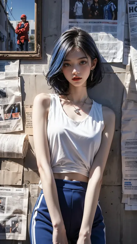 1 girl,solitary,permanent,(white|blue|slope_hair),jewelry,earrings, necklace,{jk}, newspaper wall,medium breasts,clothes writing...