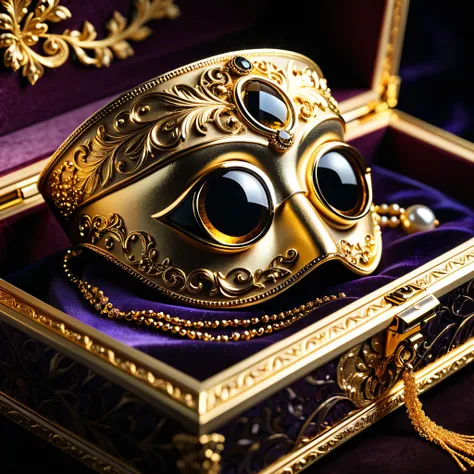 a gold eye patch in a jewelry box, detailed luxury jewelry box, highly detailed, hyper realistic, 8k, photorealistic, intricate detailing, beautiful lighting, dramatic shadows, warm golden tones, ornate design, reflective surfaces, velvety textures, sparkl...