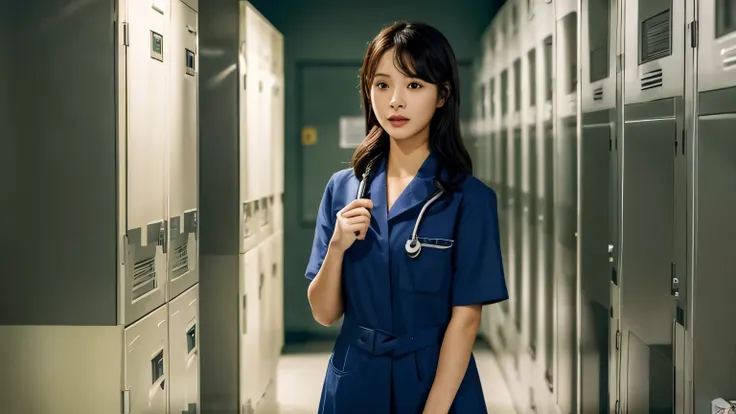 ((Best quality, 8k, Masterpiece :1.3)), A single figure, Ji-eun, a Korean nurse with black hair neatly held back by a coque, is concluding her shift at a contemporary Seoul hospital. Inside a locker room, she is changing clothes, displaying a weary yet sat...