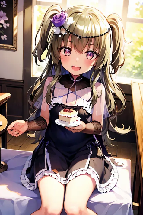 Himari Mei, masterpiece, loli, cute, flat chest, cute and shy smile, highly detailed sparkling brilliant purple eyes, open mouth slightly, standing in deluxe cake shop, Sit in a chair and look here, A plate of cake on a table, Photorealistic chocolate cake...