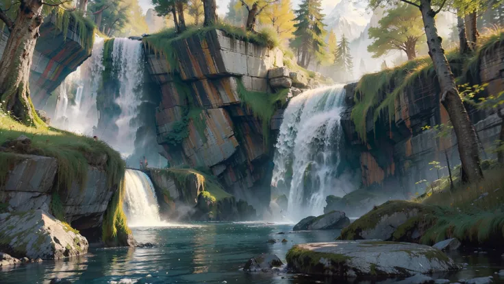 a magnificent ancient chinese architecture, lush green trees, majestic mountains, flowing rivers, golden sunlight, cascading waterfalls, vibrant blooming flowers, elegant immortal fairy, fantasy online game character, (best quality,4k,8k,highres,masterpiec...