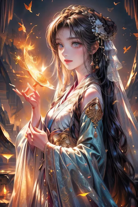 Masterpiece: 1.2, Highest Quality, Highres, 16k, Beautiful Detailed, Ultra-Realistic, Photo Realistic: 1.37, a beautiful and cute celestial maiden, hanfu dress and veil (bare shoulder, bare chest), detailed upper-body, beautiful detailed eyes, beautiful de...