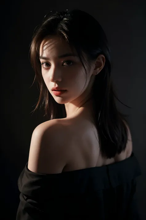 Best quality, masterpiece, ultra high res, (photorealistic:1.4), raw photo, 1girl, offshoulder, deep shadow, low key, cold light, chiaroscuro, grey background