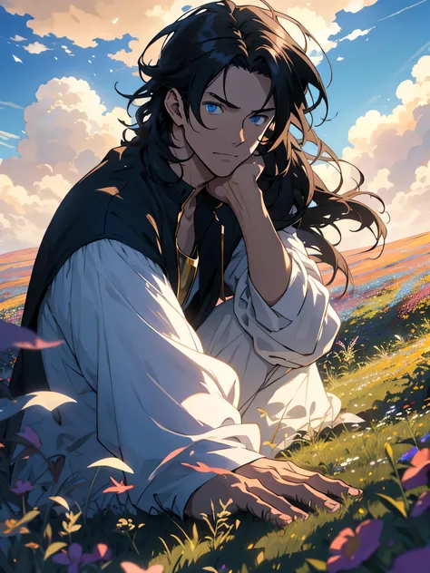 anime man, anime style, Man silhouetted against a radiant sky, perched atop a lush hill beside a sprawling oak, surrounded by a vibrant field of wildflowers, under a heavenscape adorned with ethereal clouds, chiaroscuro lighting, golden hour glow, ultra-de...