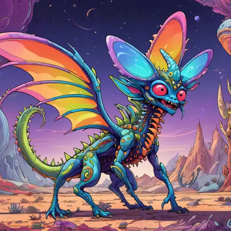 a small bizarre and strange looking brightly coloured alien. Showing the entire, highly detailed body from the side. The entire picture is full of details.  Strange alien landscapes in the background. Big detailed wings and sharp teeth and fangs. a sharp a...