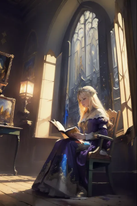 (Masterpiece painting: 1.7). Best quality, aesthetic,mesmerise celestial moonlight, a beautiful blond hair princess in a purple dress, reading a book, sit next to the window in a room of medieval majestic castle, detailed architecture, magic winter night, ...